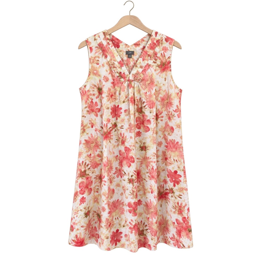 J. Jill Women XL Pink Floral Linen Sleeveless Shift Dress Resort Coastal